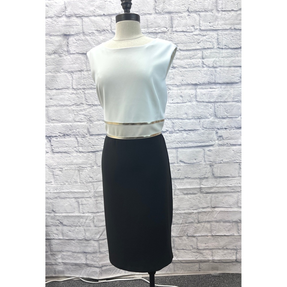 Frank Lyman Sheath Dress 12 Black White Excellent Metallic Colorblock Cocktail - Picture 4 of 10